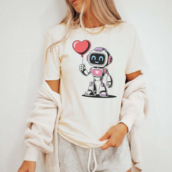 Cute Robot Heart Balloon Tee Valentine Love Shirt - Picture 3 of 6